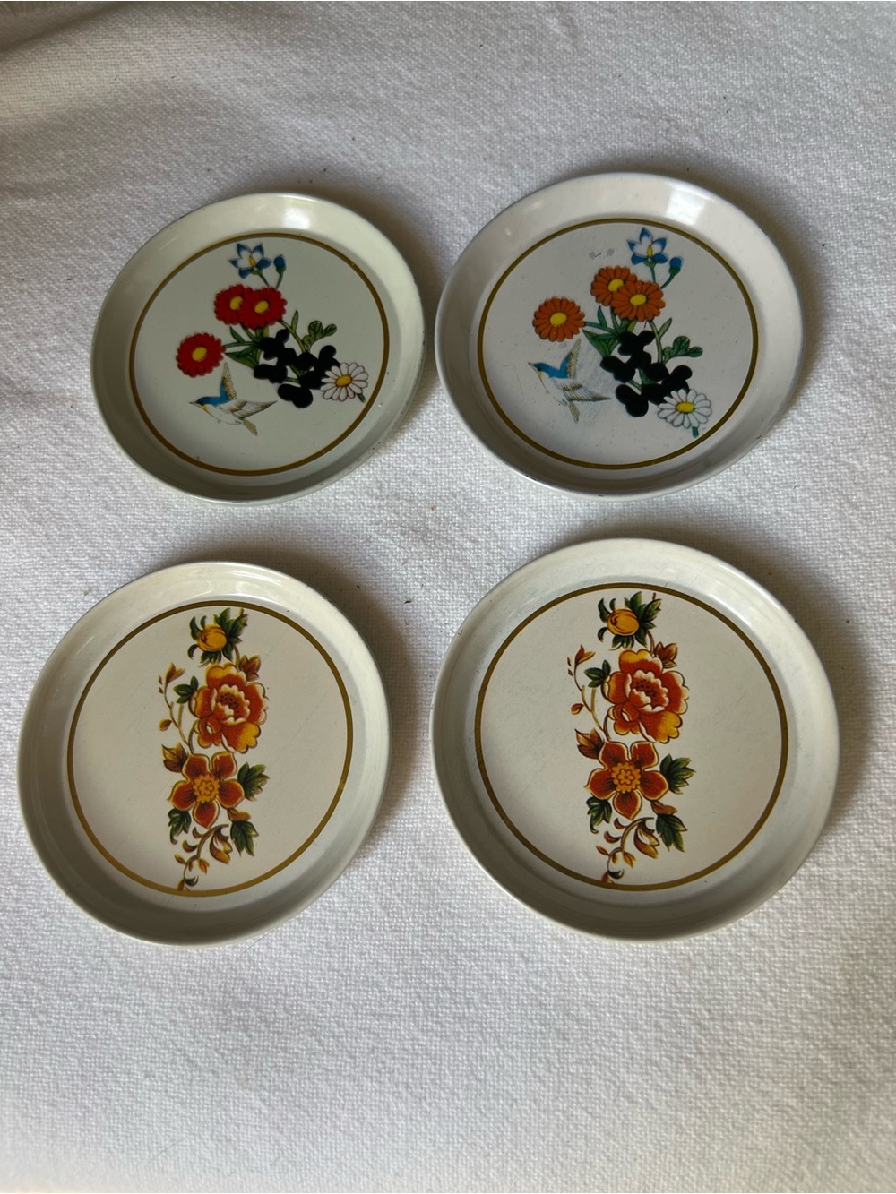 Vintage Floral tin Coasters - White with Orange & Red Floral Design